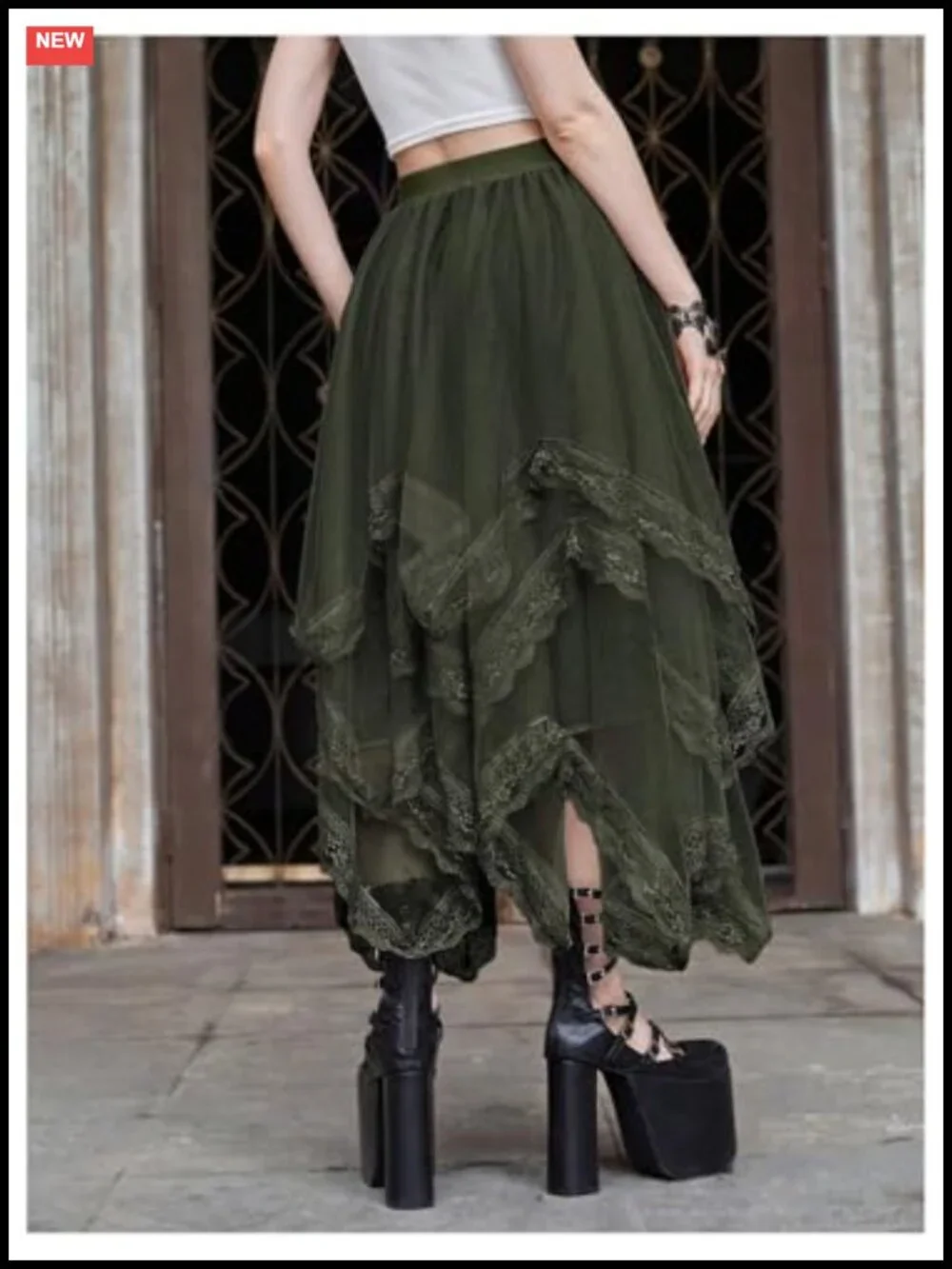 Lace Trim Layered Mesh Tulle Asymmetrical Goth Maxi Skirt High Waist